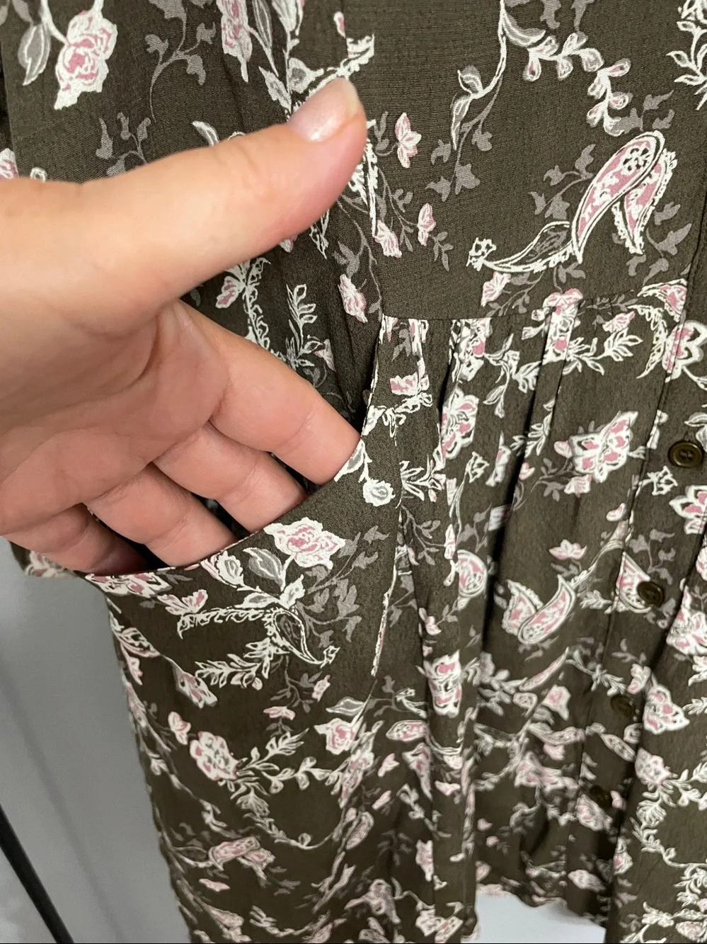 Garnet Hill Bohemian Pocket Detail Drop Waist Dress Olive Green Floral Print 8